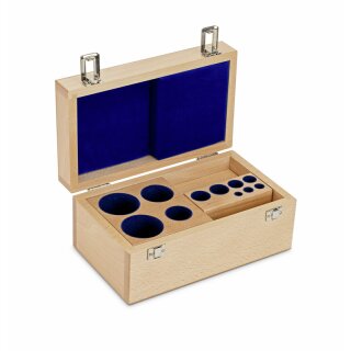 Holz-Gewichtsetui 313-070-100, für Nennwerte 1 mg - 2 kg, für Klassen E1+E2+F1, für Bauform Knopf/Kompakt