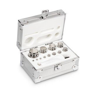 Gewichtssatz OIML-Klasse E2, Nennwert 1 g - 500 g, Knopf, Edelstahl poliert, im Aluminiumetui