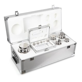 Gewichtssatz OIML-Klasse F1, Nennwert 1 g - 10 kg, Knopf, Edelstahl poliert, im Aluminiumetui